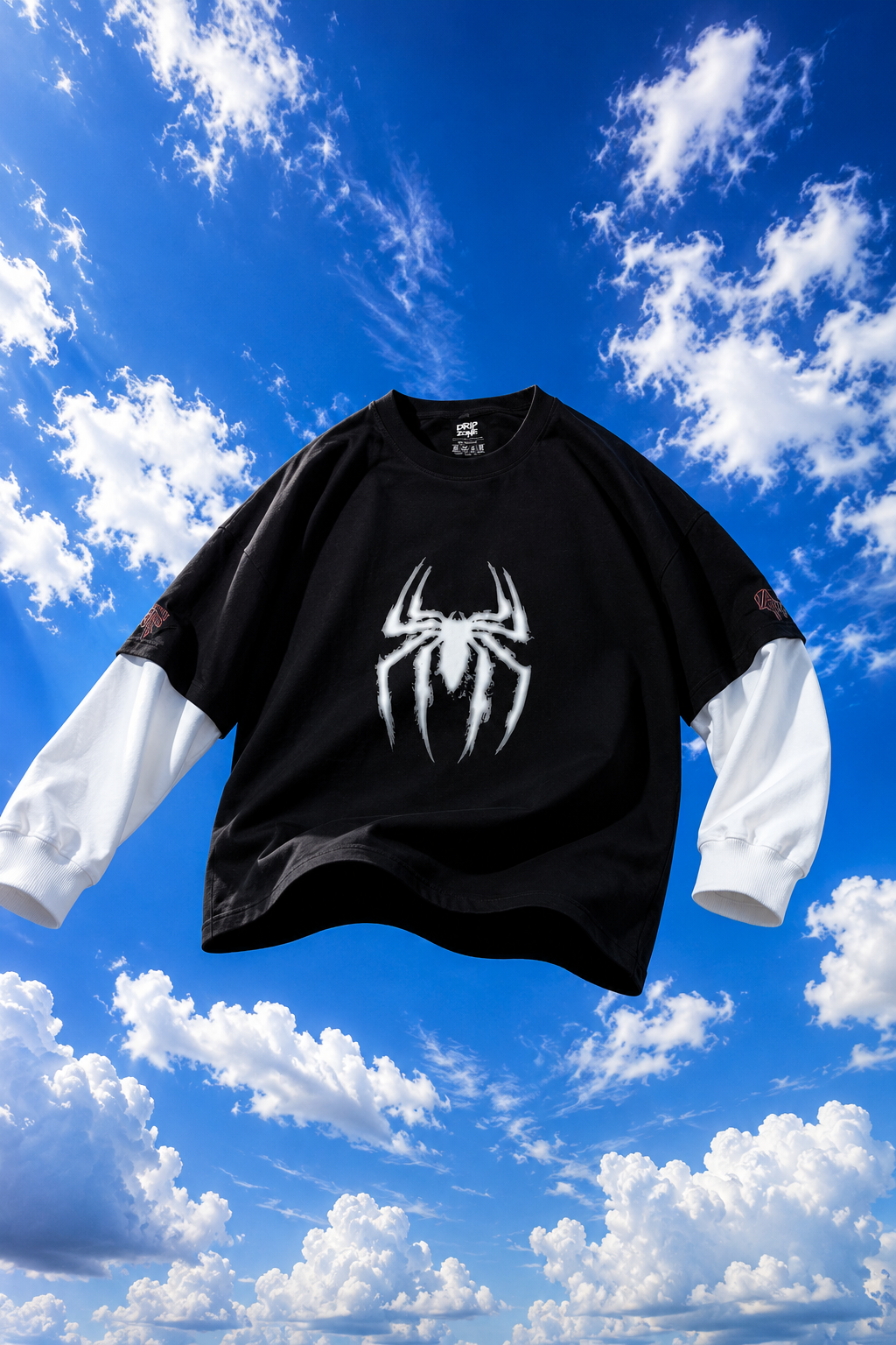 The spidey, black white sleeved oversized tee 100% French Terry cotton